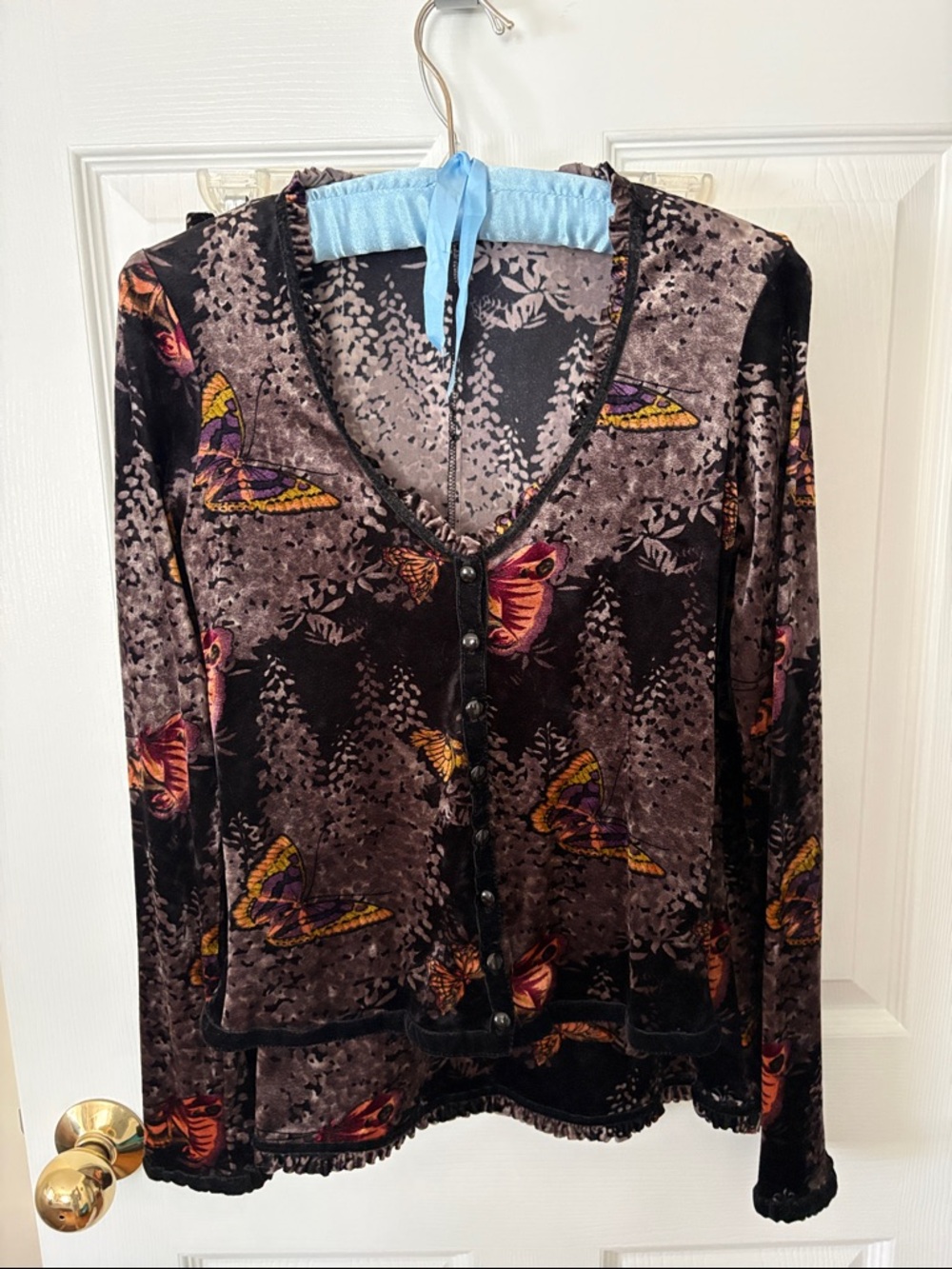 Betsey Johnson Black Velvet Butterfly Button-Front Top and matching skirt.